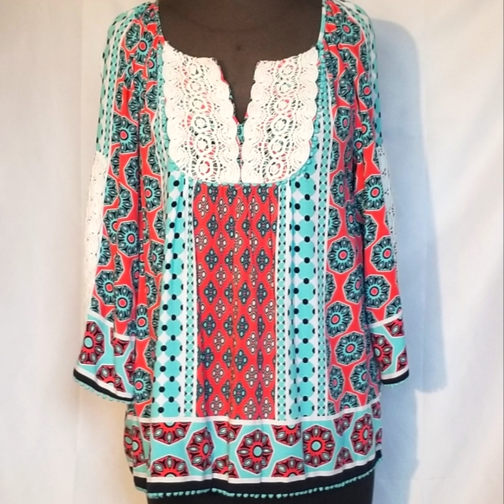 CROWN & IVY  Teal Coral Geometric Crochet Bib Peasant Blouse, Size PS